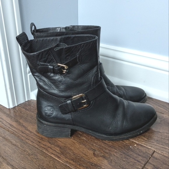 Tory Burch Women's Black Leather Double Buckle Bennie Boots Size 7 - Picture 1 of 12